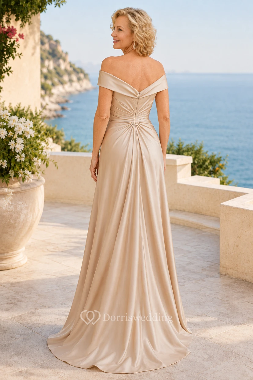 Champagnerfarbenes schulterfreies A-Linien-Kleid aus Satin für Mütter view 2