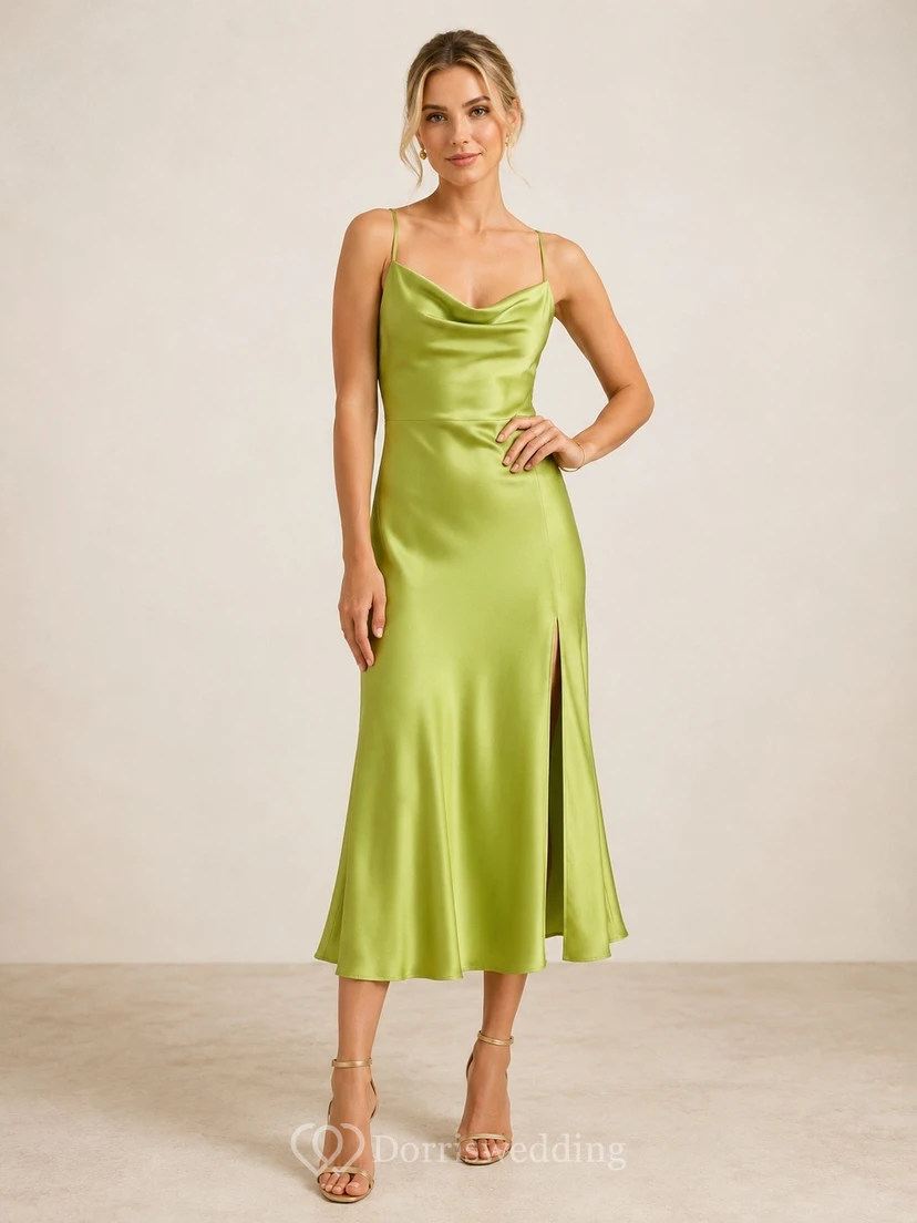 Lime Green Satin Cowl Neck Spaghetti Strap Tea-length Sheath Evening Dress with Side Split