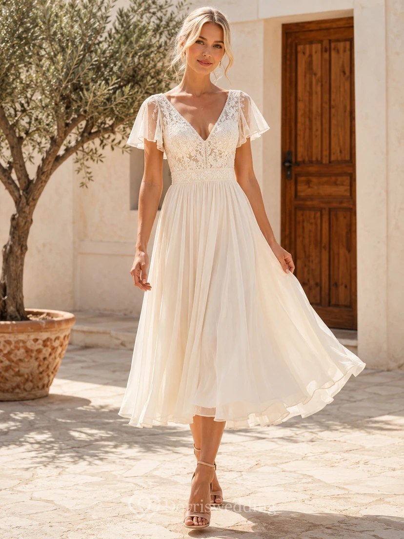 Vestido de novia bohemio de gasa con escote en V y mangas con volantes, ideal para bodas campestres en jardines.