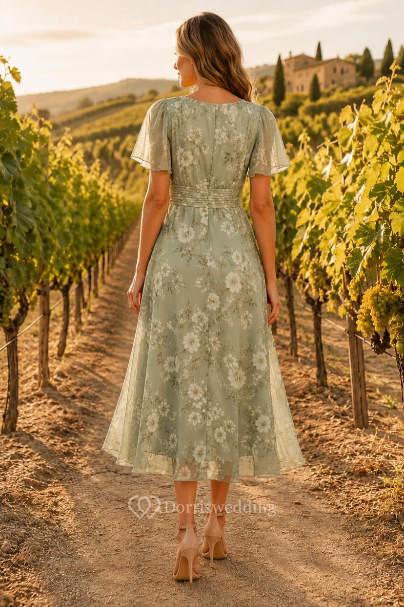 Wedding Guest Dress Sage Lace A-Line V-Neck Short Sleeve Tea Length view 2
