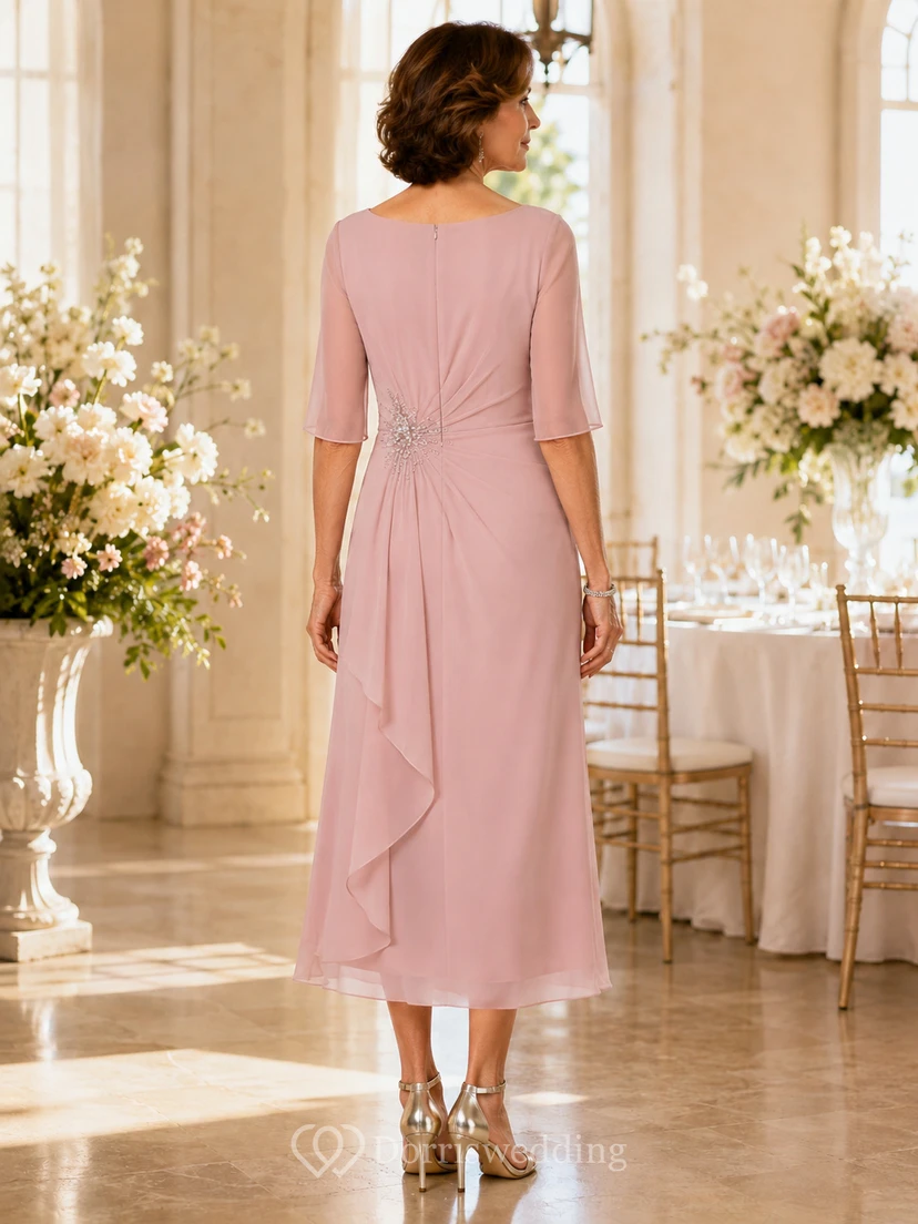 Blush Draped Midi Mother Dress with Sheer Sleeves and Crystal Waist Detail view 3