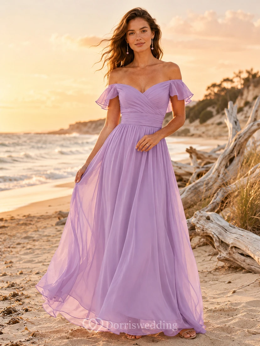 Lavender Off Shoulder Tulle Flowing Beach Formal Gown