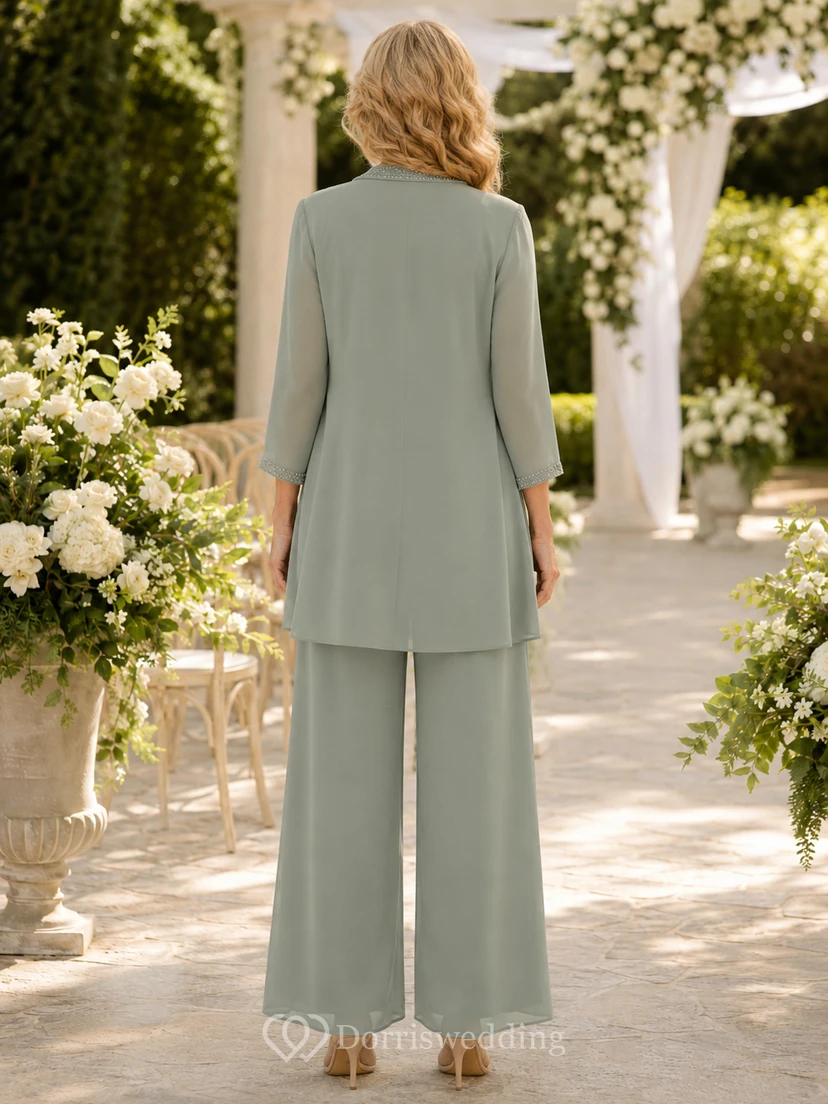 Sage Mother Pantsuit with Cowl Neck Top, Chiffon Jacket and Wide Leg Pants view 2