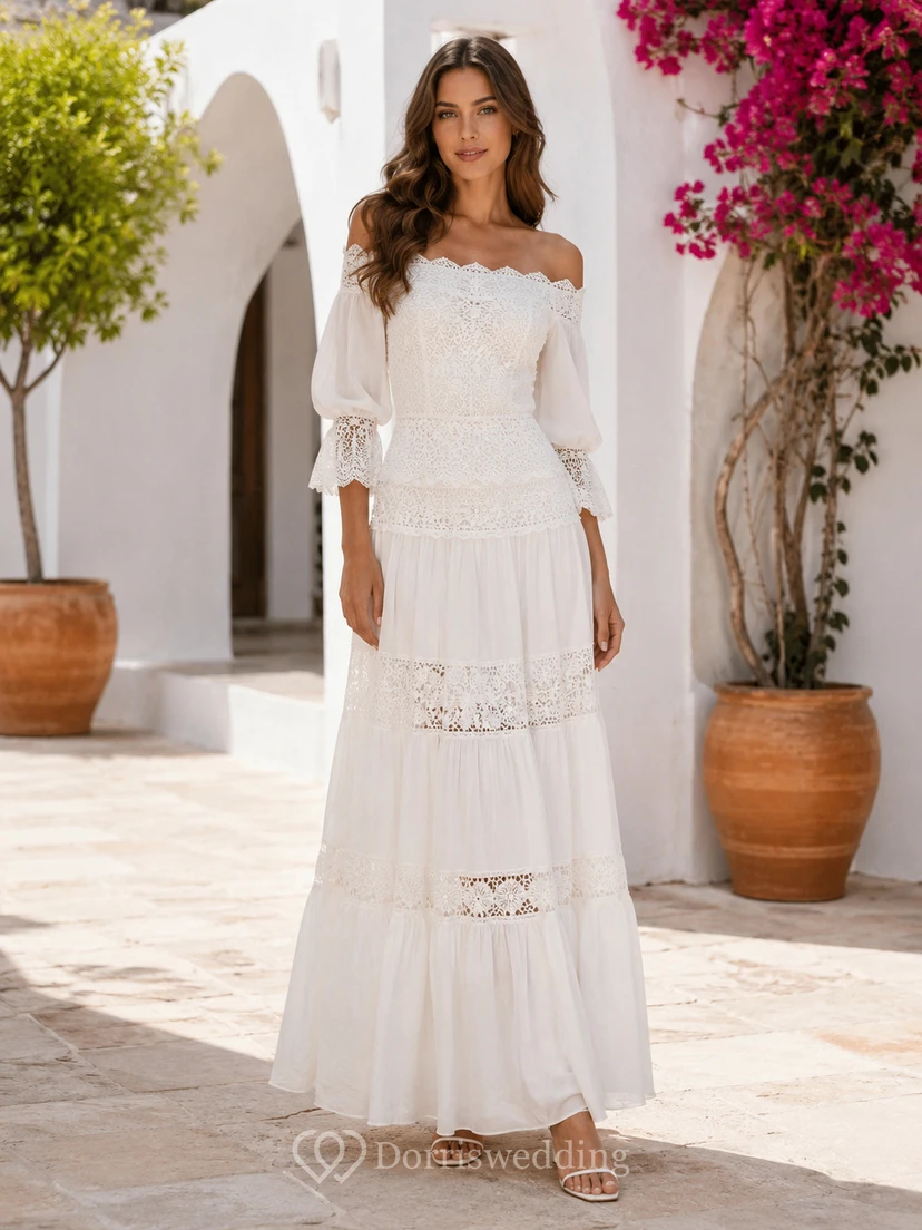 Ibicenco Off Shoulder Bell Sleeve Crochet Tiered A Line Beach Wedding Dress