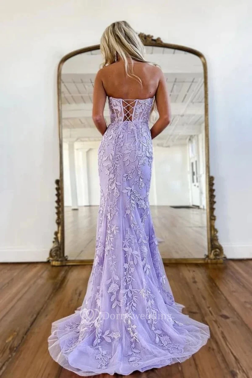 Sweetheart Sexy Sheath Lilac Lace Applique Prom Dress view 2