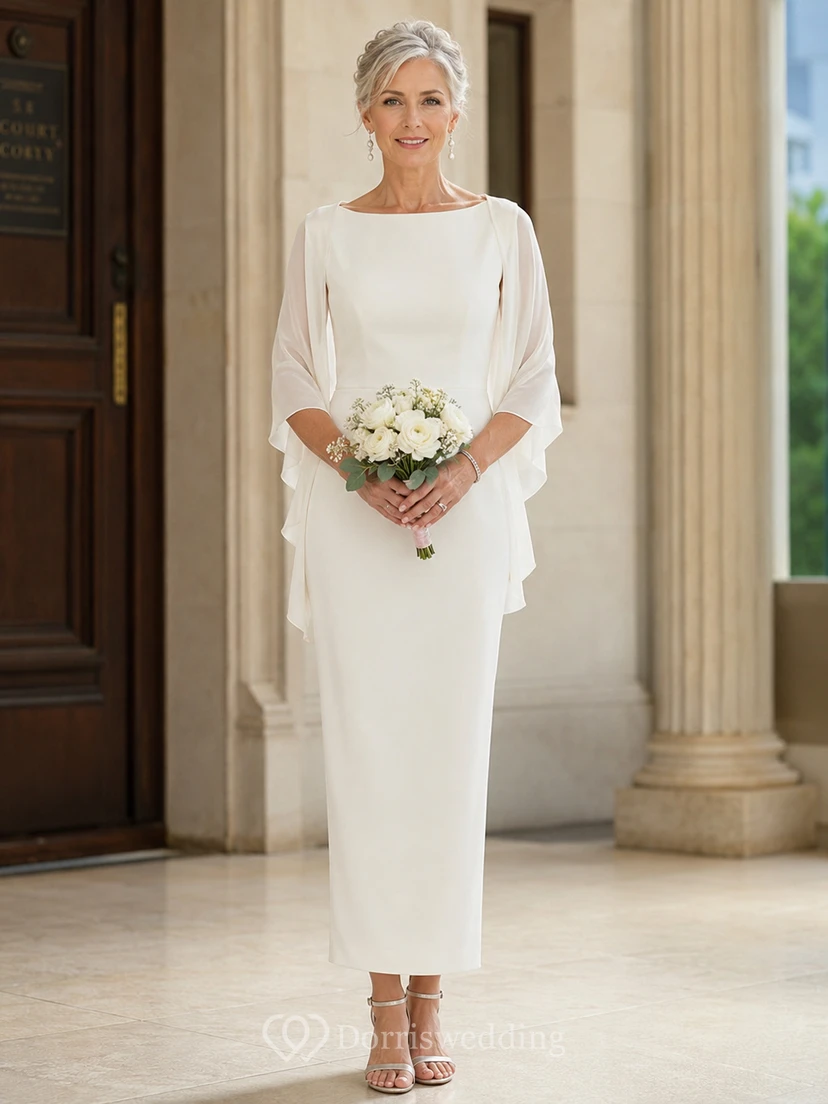 Robe de mariée fourreau moderne de style cape pour mariées plus âgées, avec jupe longueur cheville