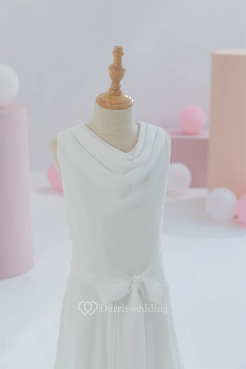 White First Communion Cowl-neck Sleeveless Floor-length Flowergirl Dress view 7