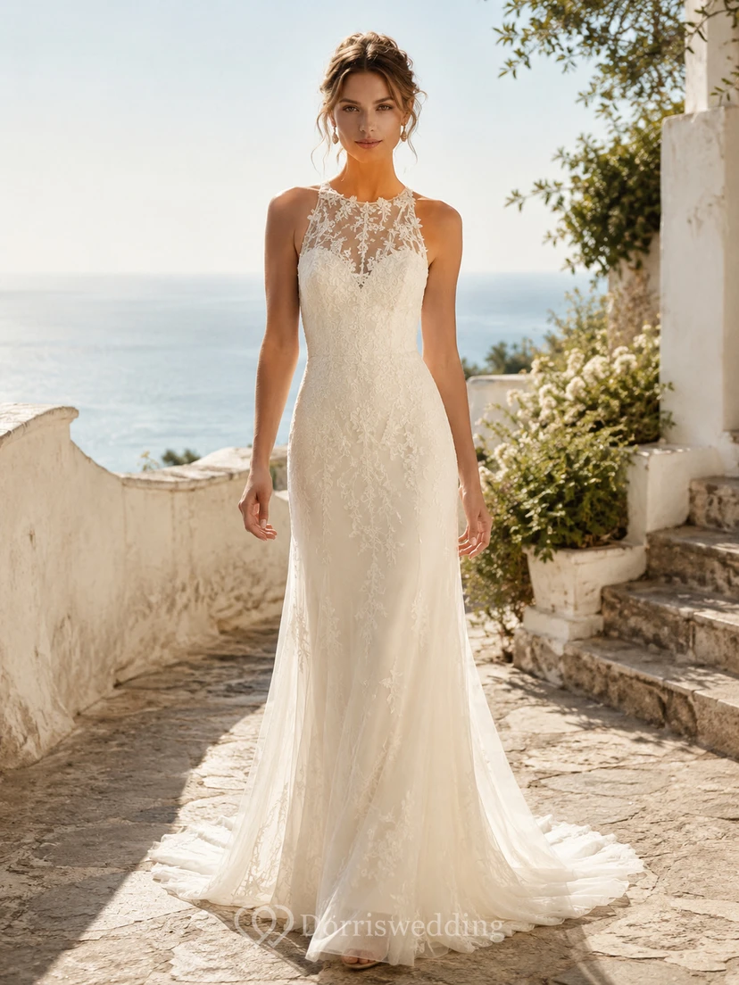 Robe de mariée élégante en dentelle transparente, col montant, sans manches, fourreau, traîne, applications florales, dos illusion