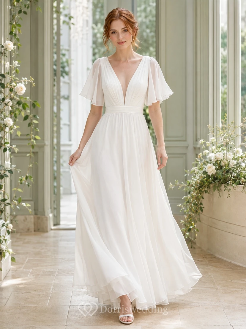 Romantisches Brautkleid aus Chiffon mit V-Ausschnitt, flatternden Ärmeln und Empire-Schnitt in A-Linie für eine Strandhochzeit
