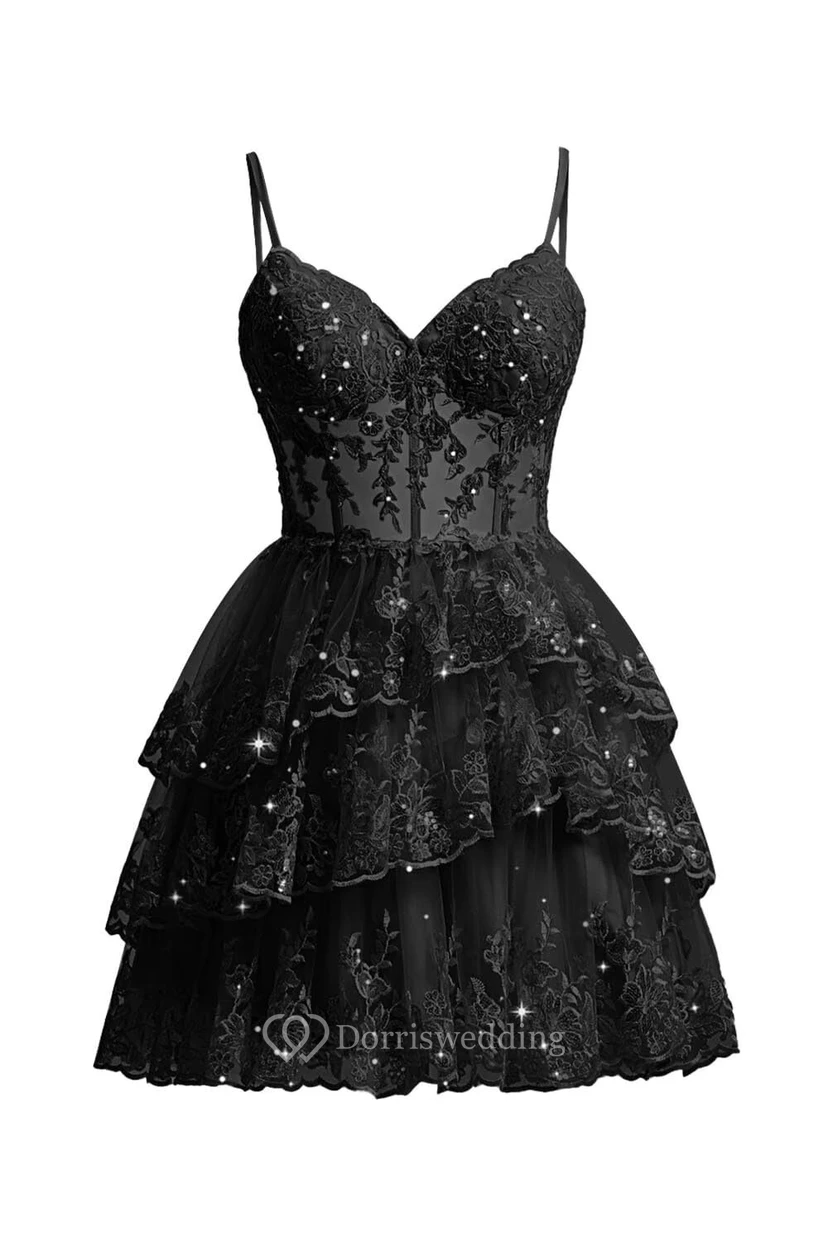 Robe de cocktail en dentelle violette à volants view 10