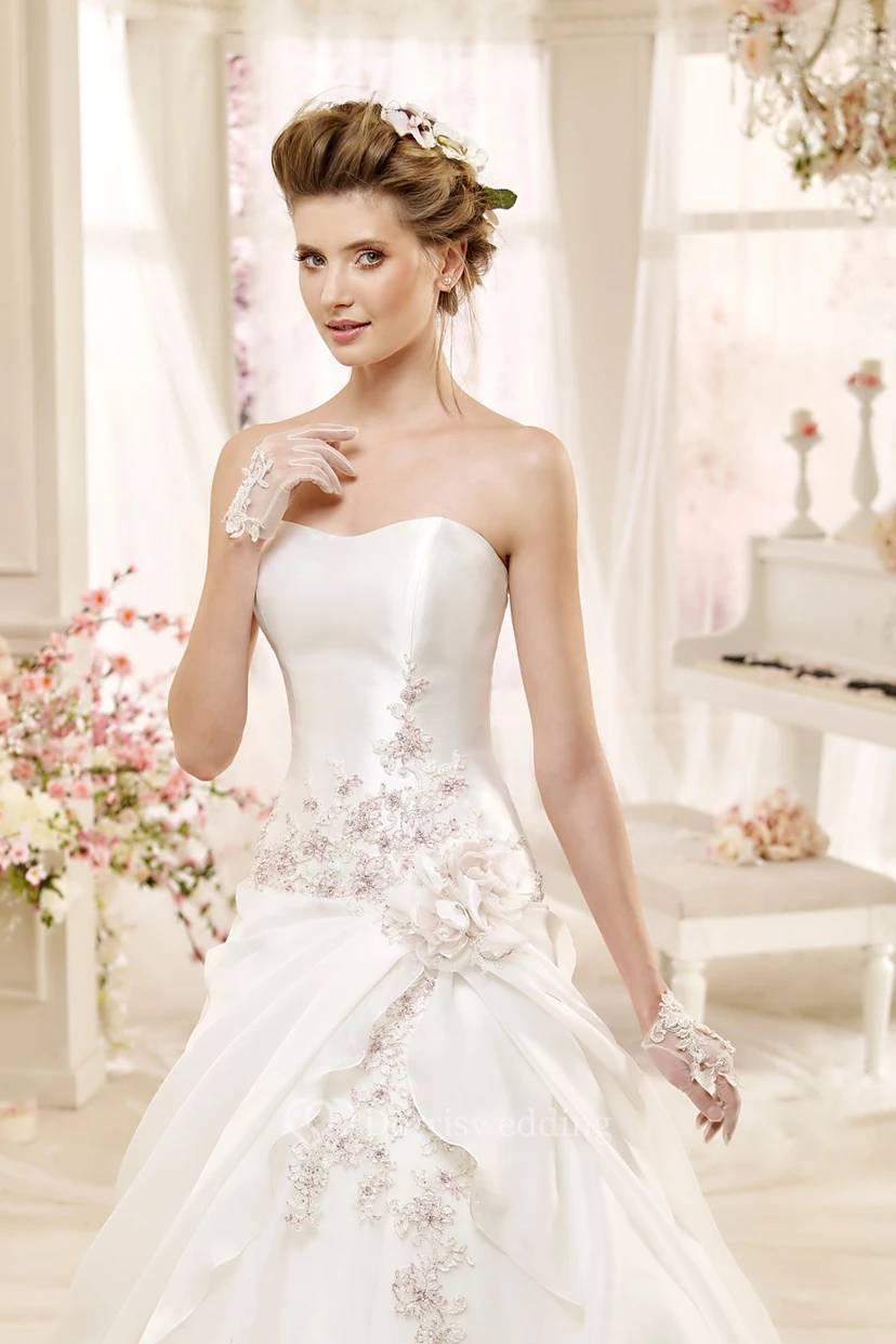 Angel Strapless Beaded A-line Wedding Dress with Asymmetrical Overlayer and Lace-up Back view 3