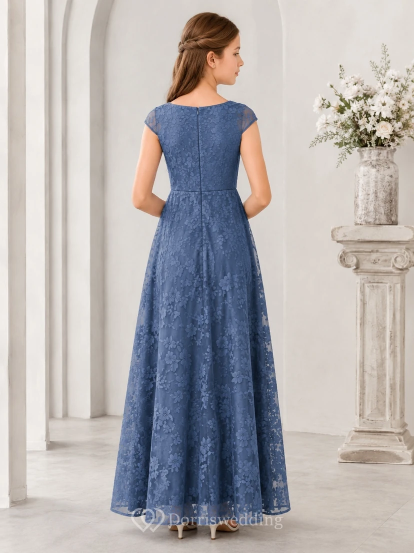 Vestido de dama de honor juvenil azul rey, corte A, escote barco, manga corta, estampado floral vintage view 2