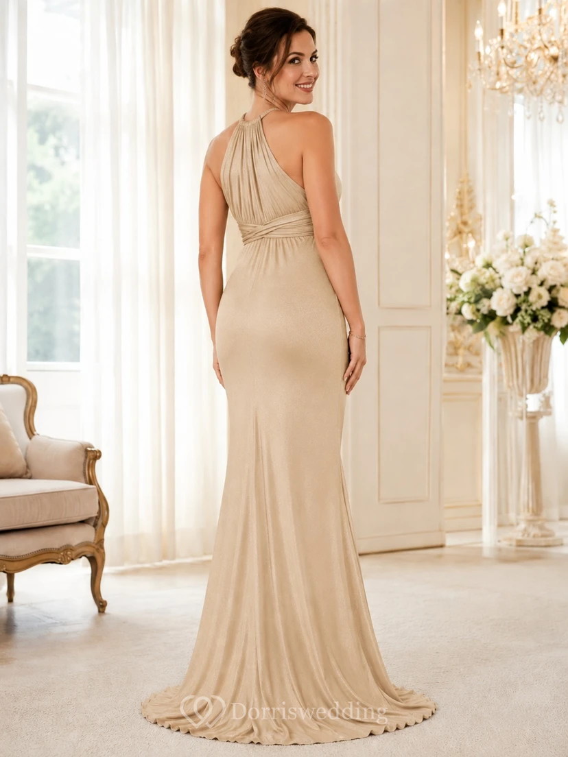 Maternity Champagne Halter Stretch Satin Sheath Floor-Length Elegant Evening Gown view 2