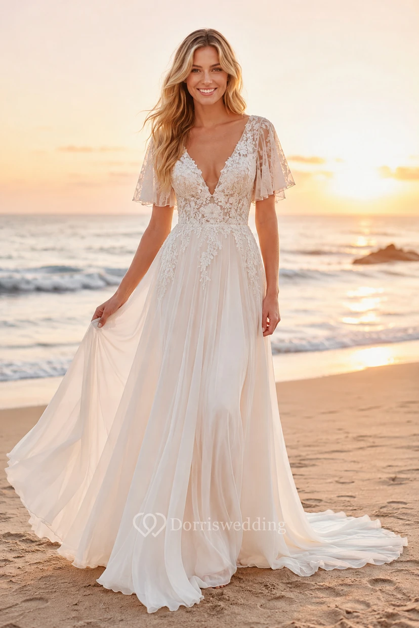 Boho-Brautkleid in A-Linie mit flatternden Ärmeln für die Strandhochzeit