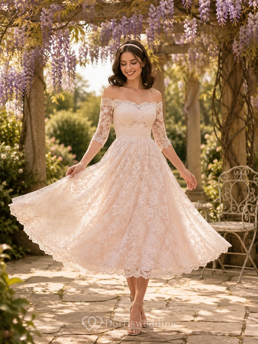 Robe de mariée romantique rose poudré en dentelle à épaules dénudées et longueur thé