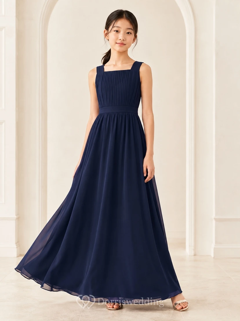 Dunkelblaues Brautjungfernkleid für junge Mädchen, A-Linie, ärmellos, Chiffon-Oberteil mit Falten, elegant