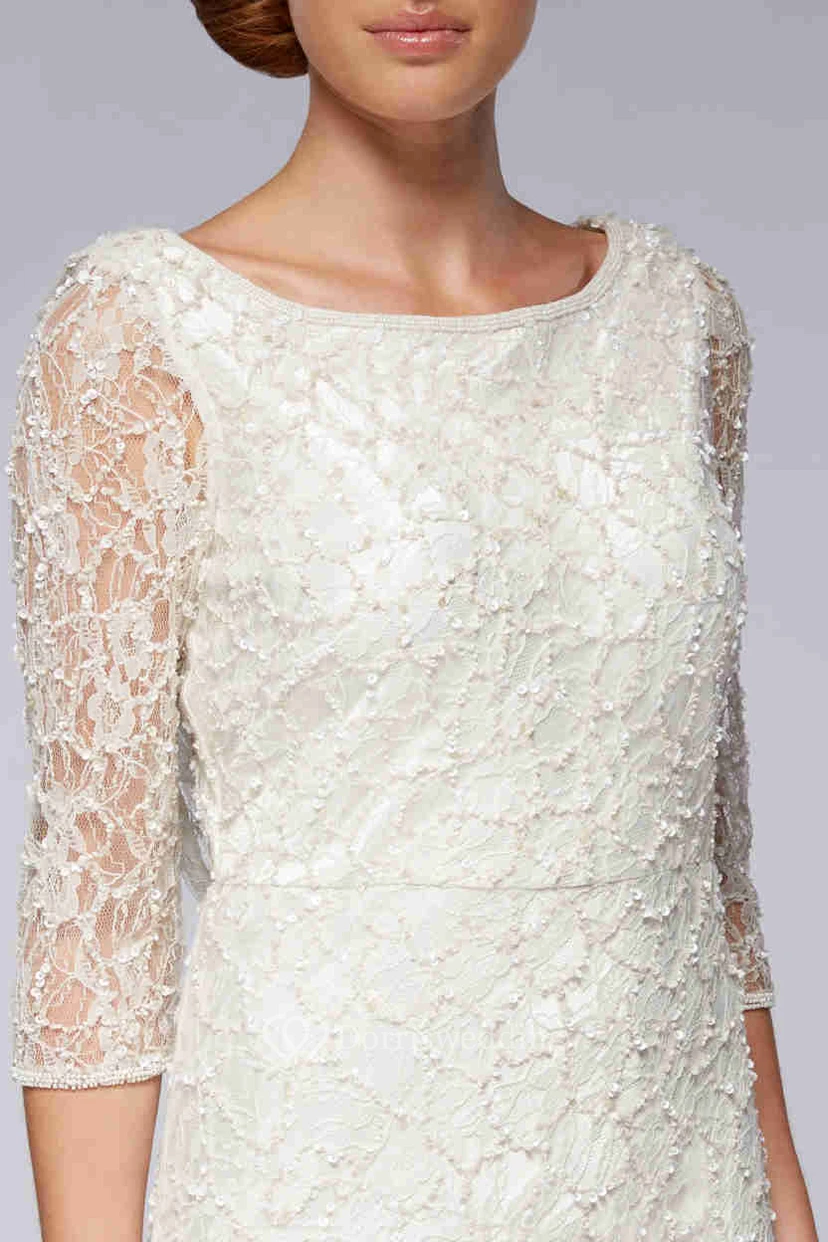Sheath Scoop-Neck 3-4-Sleeve Lace Wedding Dress view 3
