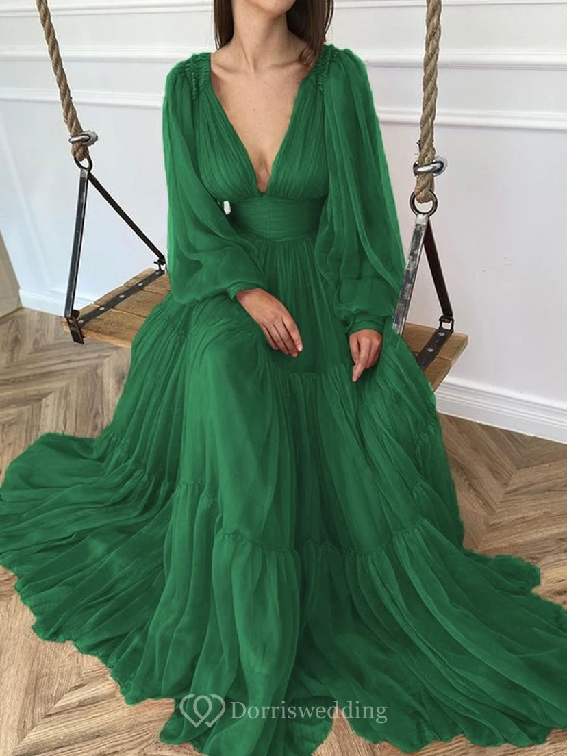 Sexy V-neck Puff Long Sleeve Chiffon Layered Empire Dress view 9