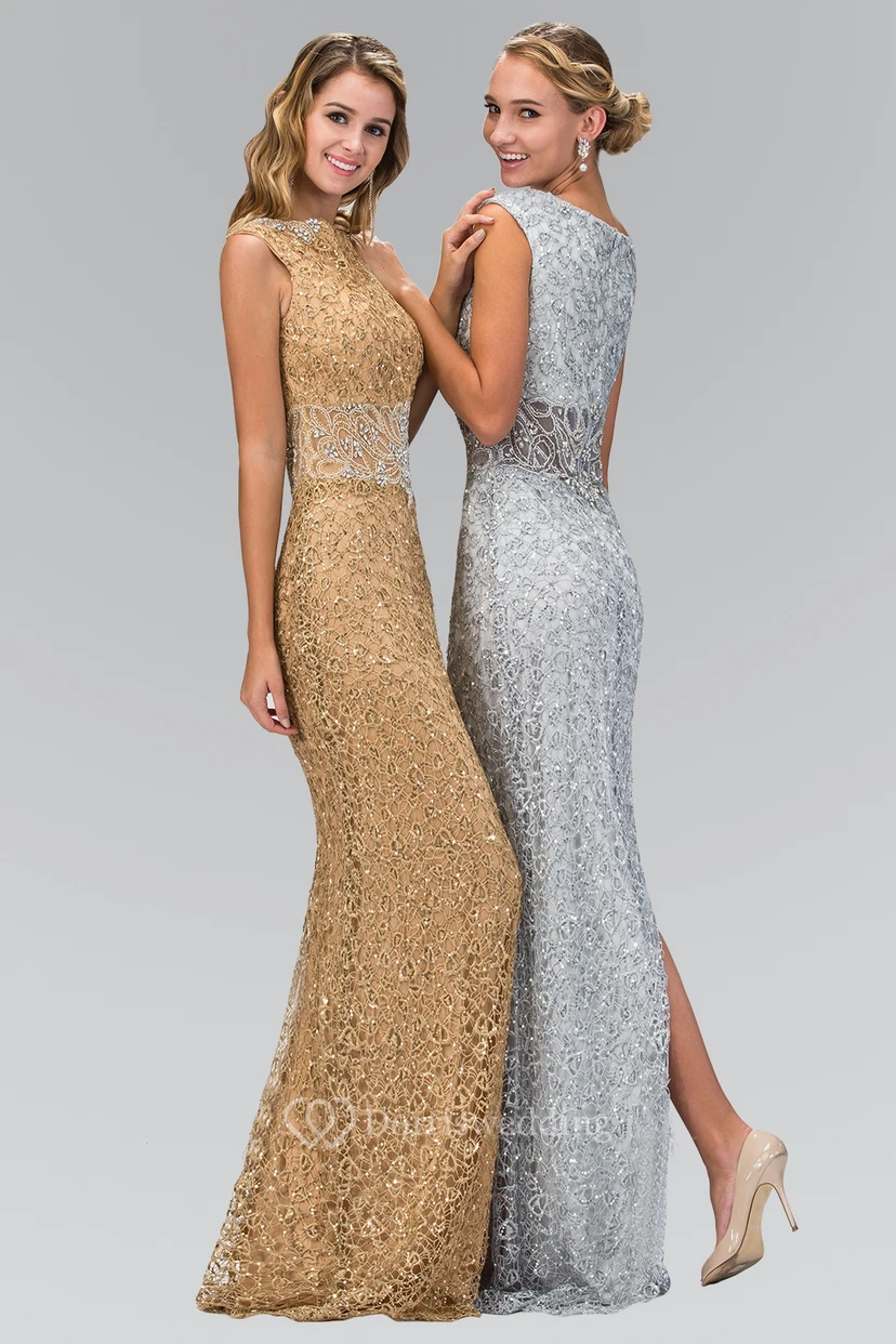 Sheath Long Bateau Sleeveless Lace Dress With Beading