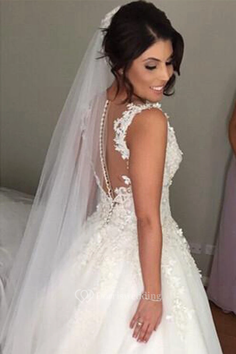 Elegant Tulle Lace Appliques Wedding Dress Styles Button Zipper Back view 2