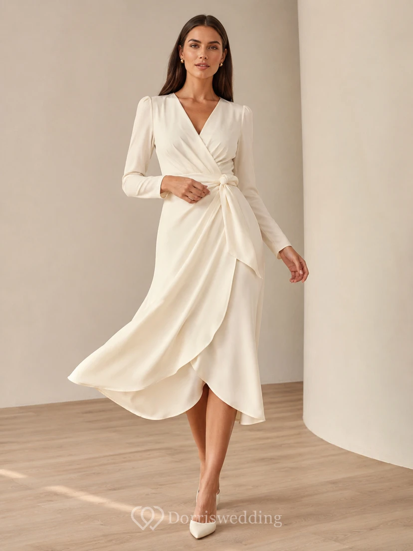 Schlichtes, asymmetrisches Chiffon-Brautkleid mit V-Ausschnitt, langen Ärmeln und drapiertem Schnitt für standesamtliche Hochzeiten