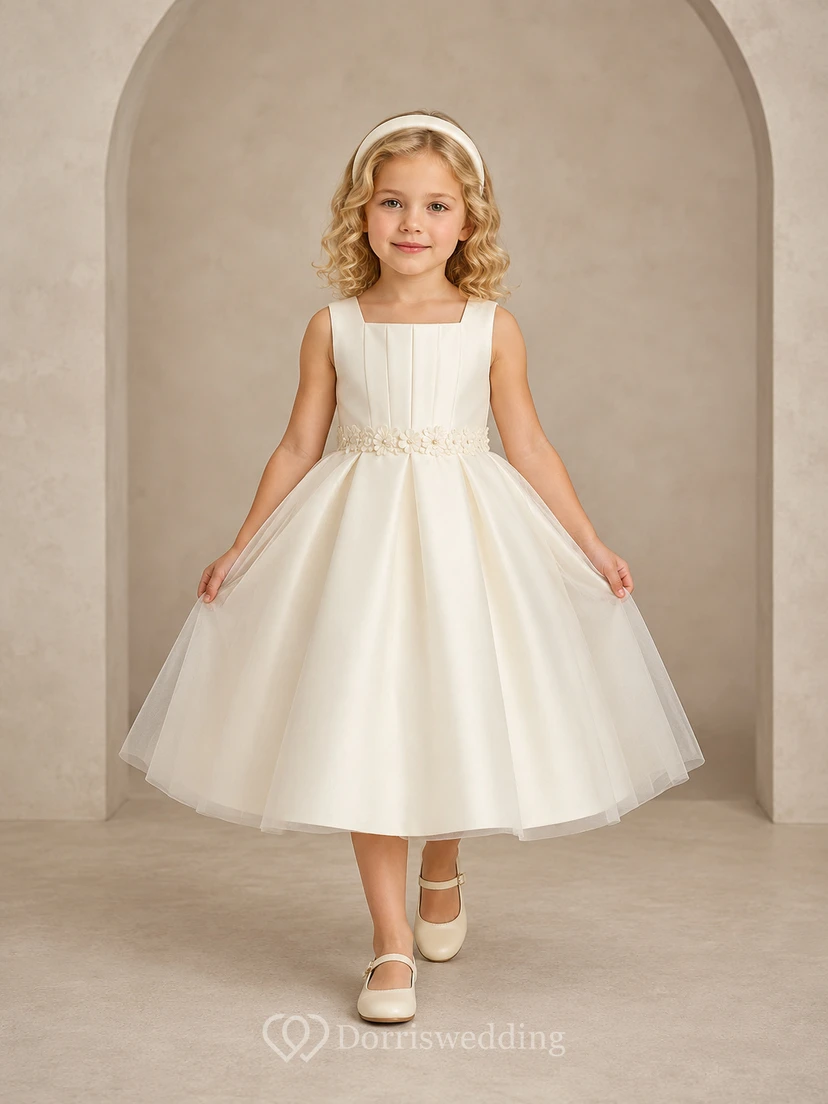 Blumenmädchenkleid aus elfenbeinfarbenem Satin, A-Linie, Rundhalsausschnitt, Teelänge, Schleifendetail