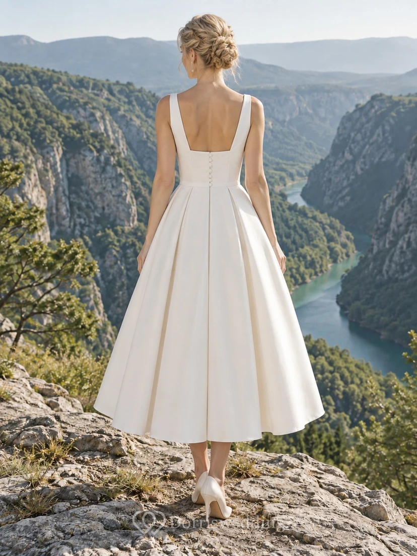 Vestido de novia sencillo, largo hasta la rodilla, escote en V, sin mangas, con tirantes anchos plisados y cintura ajustada. view 2