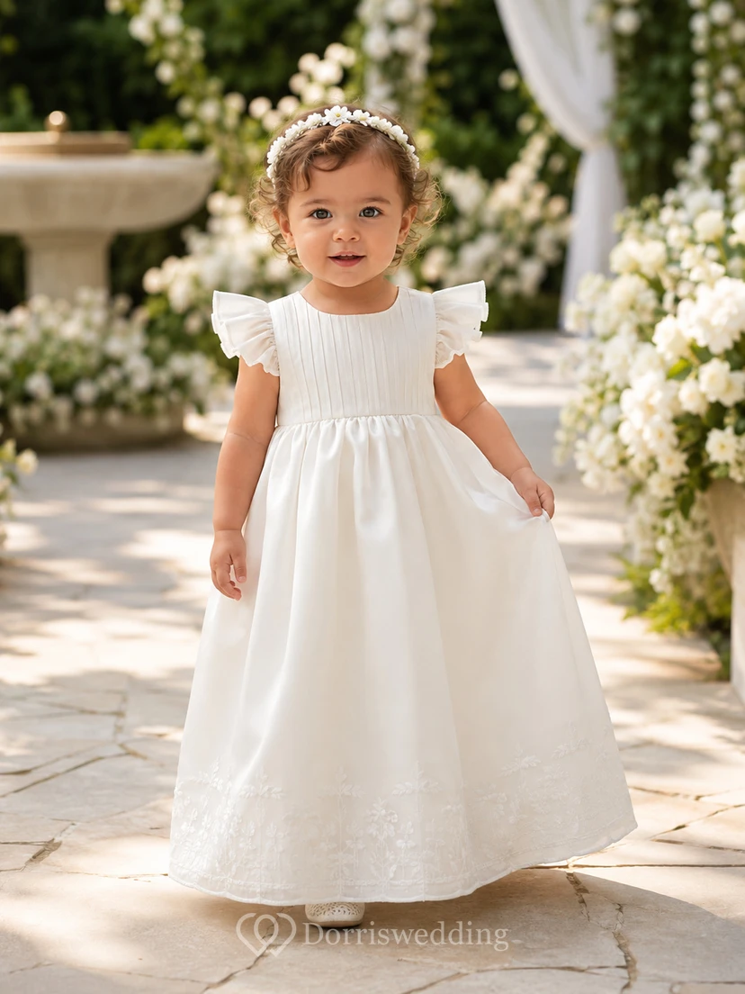 Vestido de satén sencillo con corpiño plisado para bautizo de bebé, corte en A y mangas cortas.
