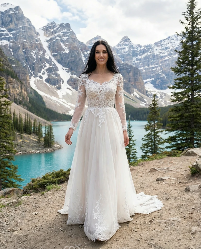 Robe trapèze en tulle et dentelle appliquée à manches longues