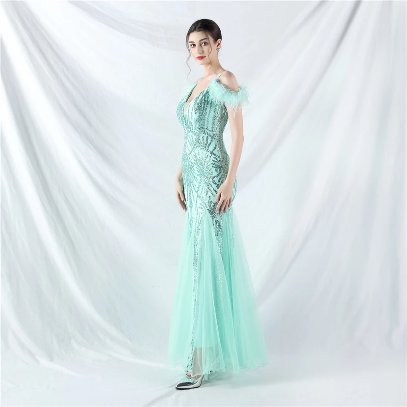 9-farbiges, handgefertigtes Abendkleid aus Kamelfedern, Netzstoff und Pailletten, sexy Trägern view 73