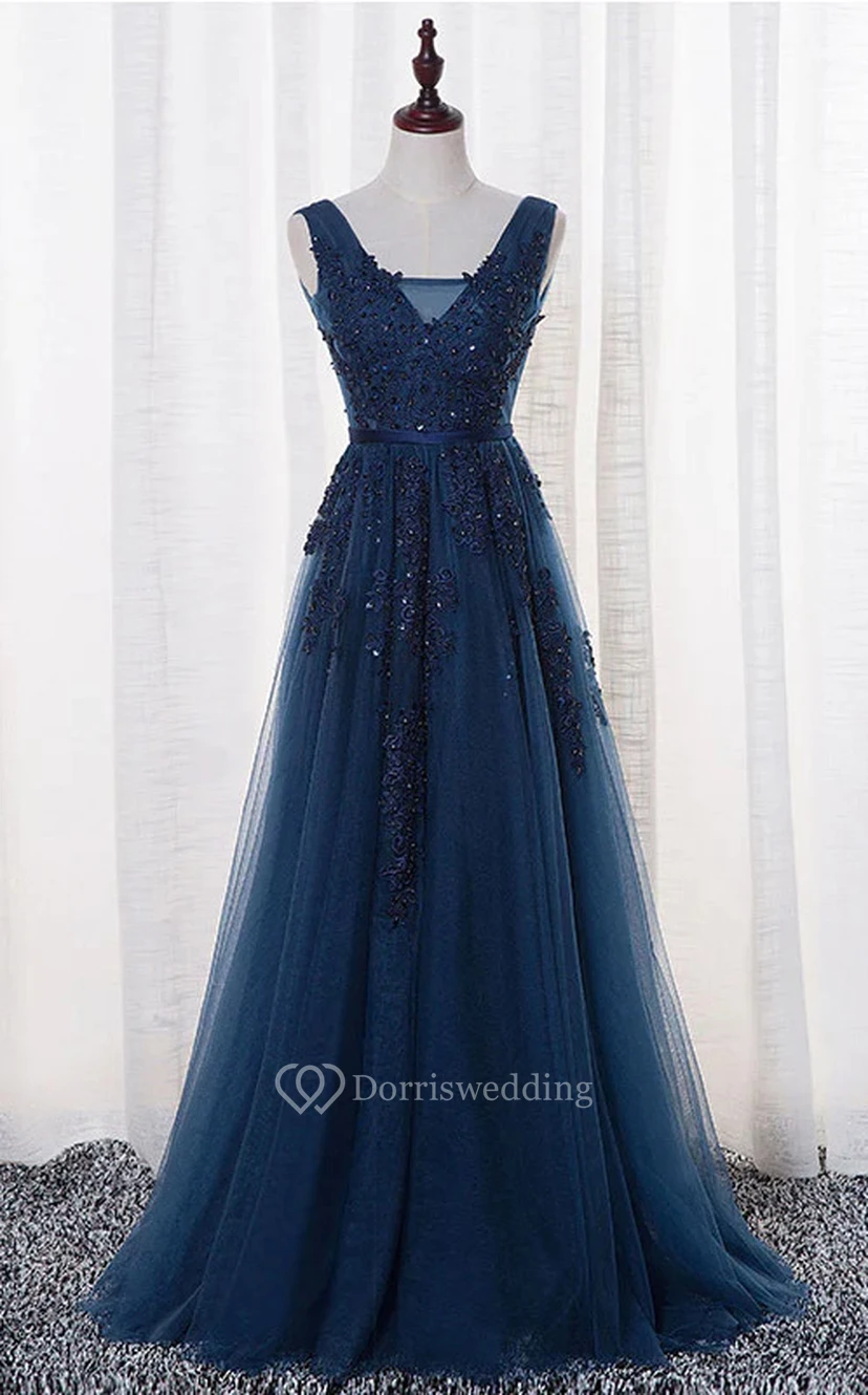 Vestido de fiesta/dama de honor sin mangas, plisado, de corte imperio, azul marino oscuro, de tul, con falda en A y largo hasta el suelo. view 6