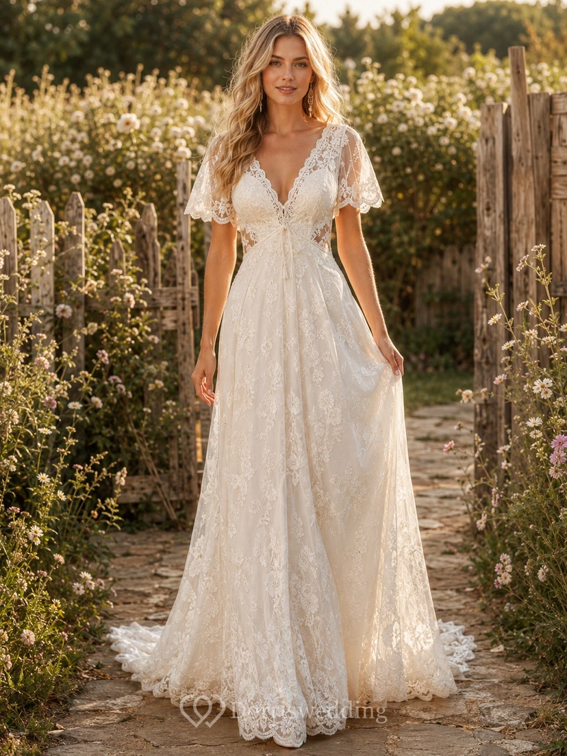 Vintage Boho Cap Sleeve Lace A-Line Garden Wedding Dress