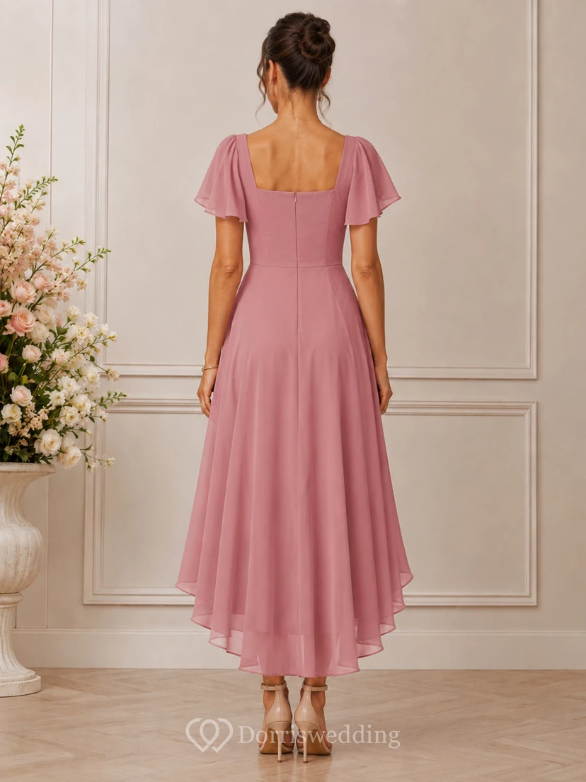 A-Line High-low Square Short Sleeve Chiffon Wedding Guest Dress with Ruffles view 2