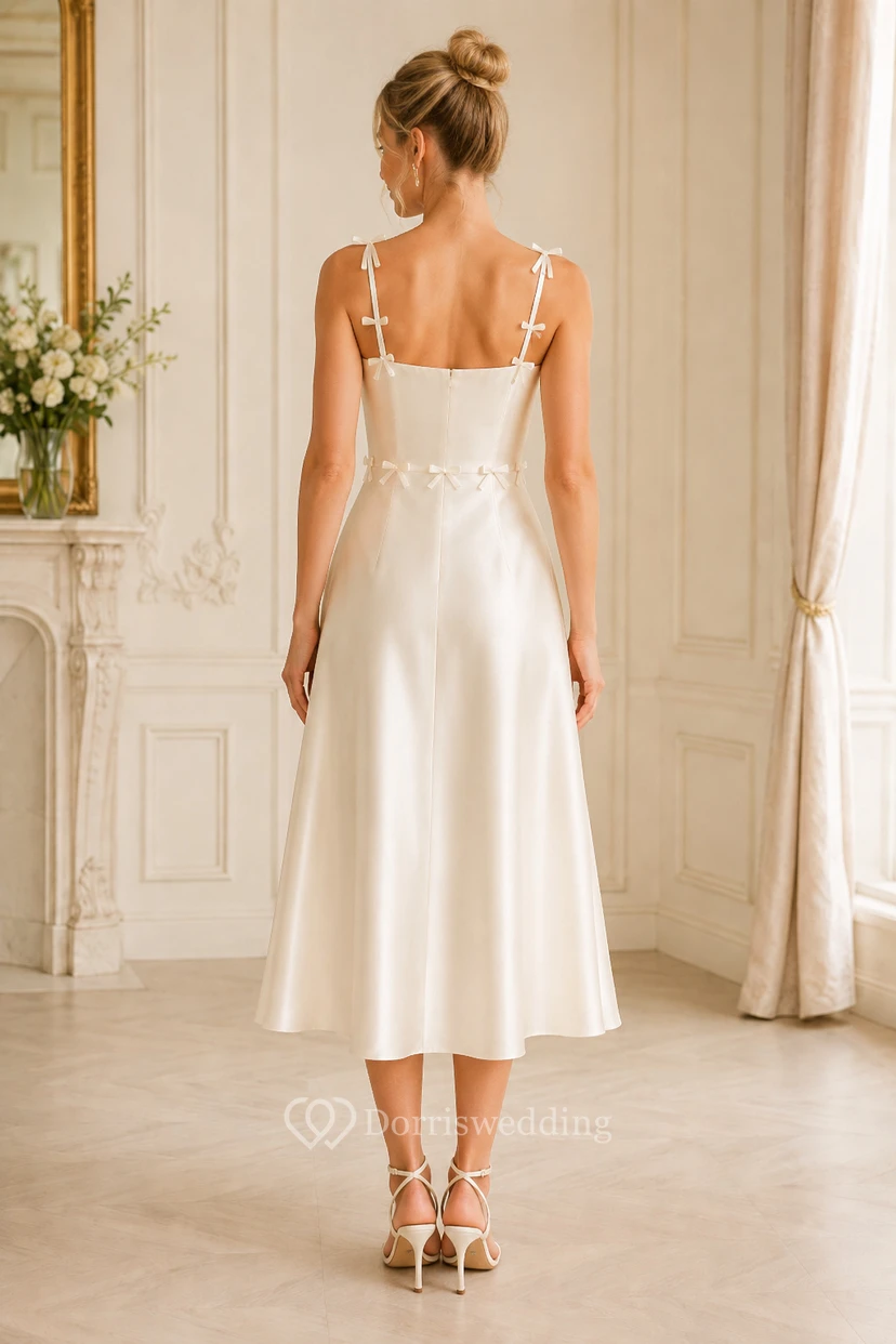 Ivory Spaghetti Strap Satin Tea-Length A-Line Dress view 2