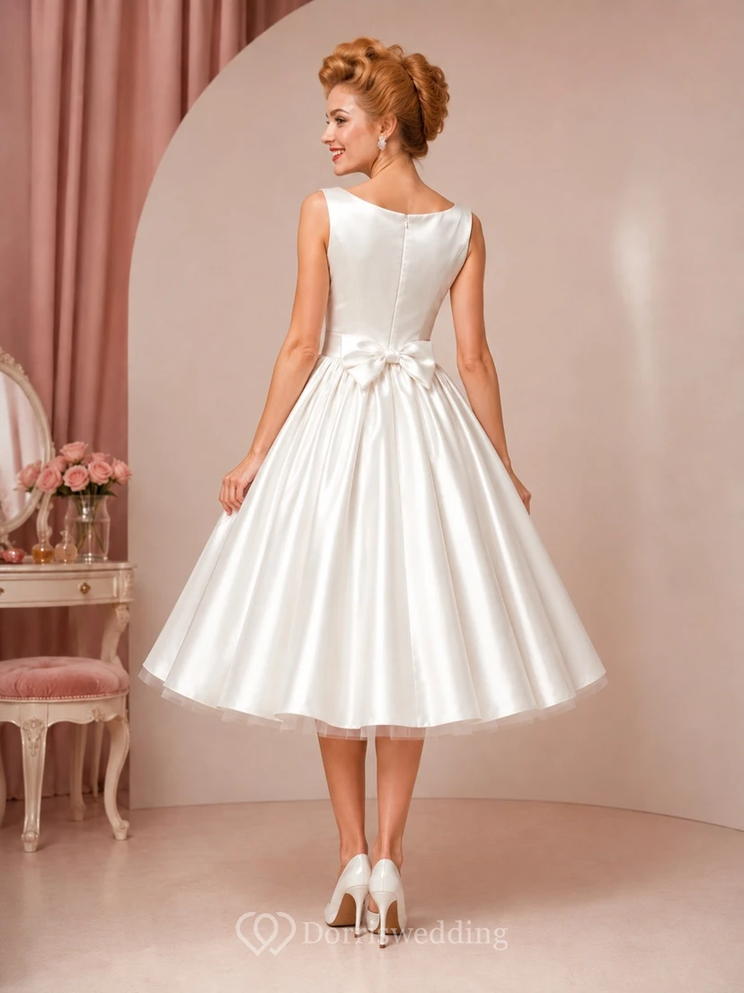 White Satin Square Neck Bow Tea Dress Classic view 2