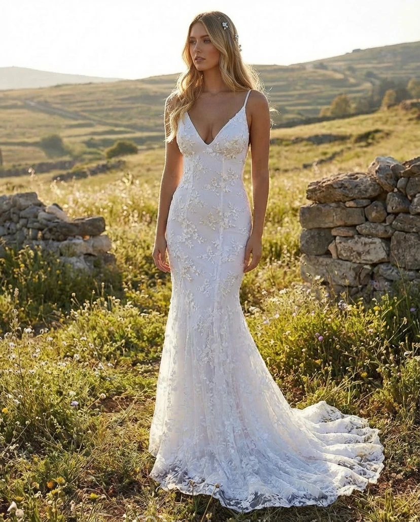 Boho Lace Wedding Dress Mermaid V-Neck Spaghetti Strap Bridal Gown with Lace Up Back