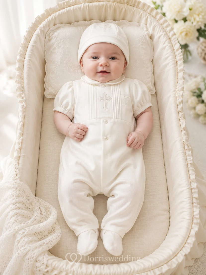 White Cross Embroidered Puff Sleeve Newborn Christening Footie for Baby Boy