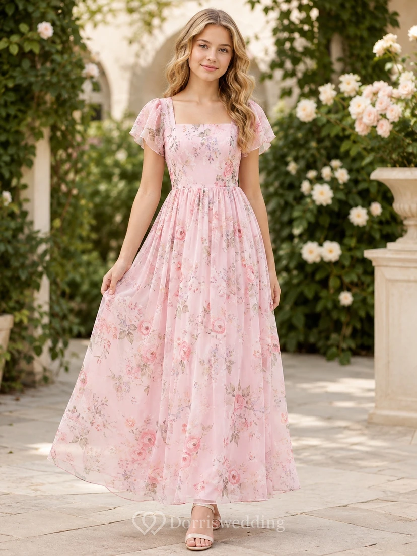 Zartrosa Brautjungfernkleid im A-Linien-Schnitt mit eckigen, kurzen Ärmeln aus Chiffon mit Blütenblattmuster und Boho-Stil