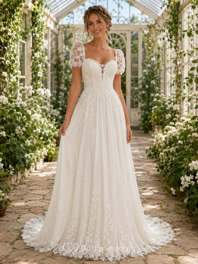Robe de mariée romantique longue jusqu'au sol, décolleté cœur, manches bouffantes, en dentelle, idéale pour une réception champêtre.