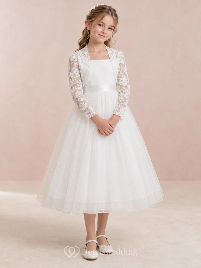 White Tea-length Square Neck Long Sleeve Lace Bolero Tulle Communion Dress