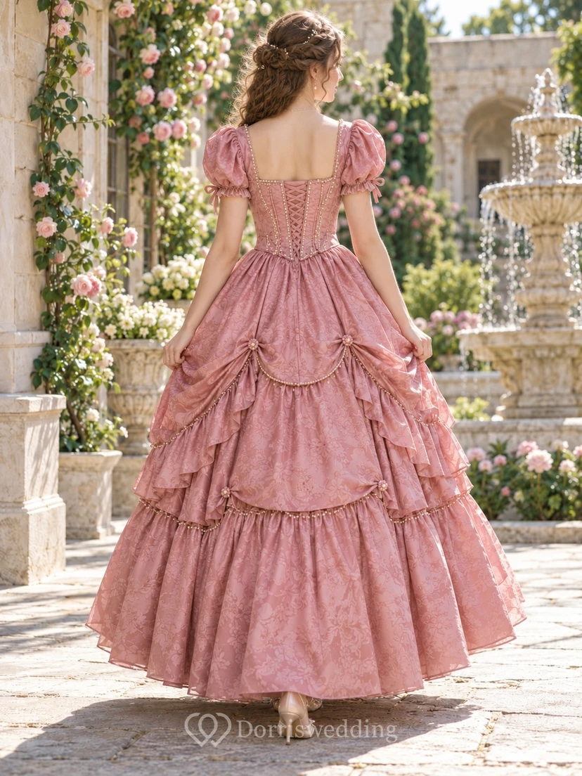 Robe de costume Renaissance vintage mauve à col carré et manches bouffantes à volants view 2