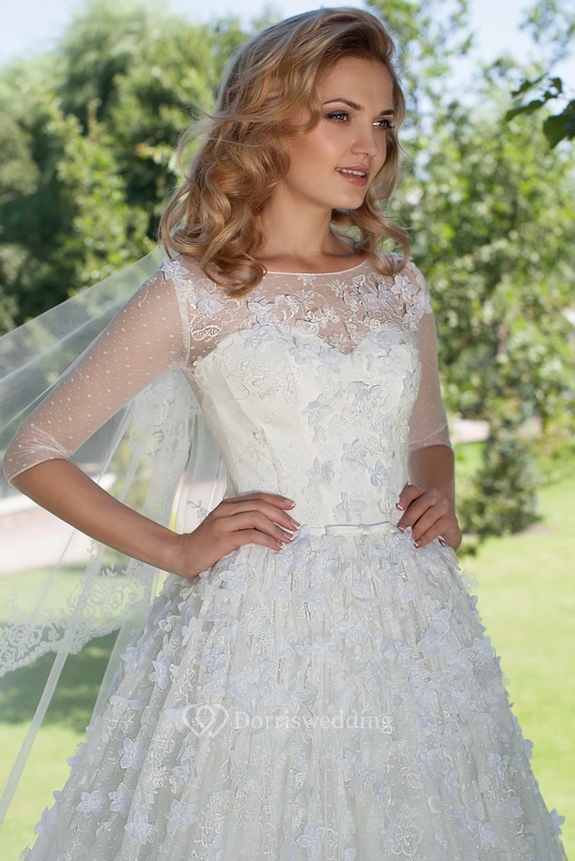 A-Line Appliqued Bateau Neck Half Sleeve Tulle Wedding Dress view 4