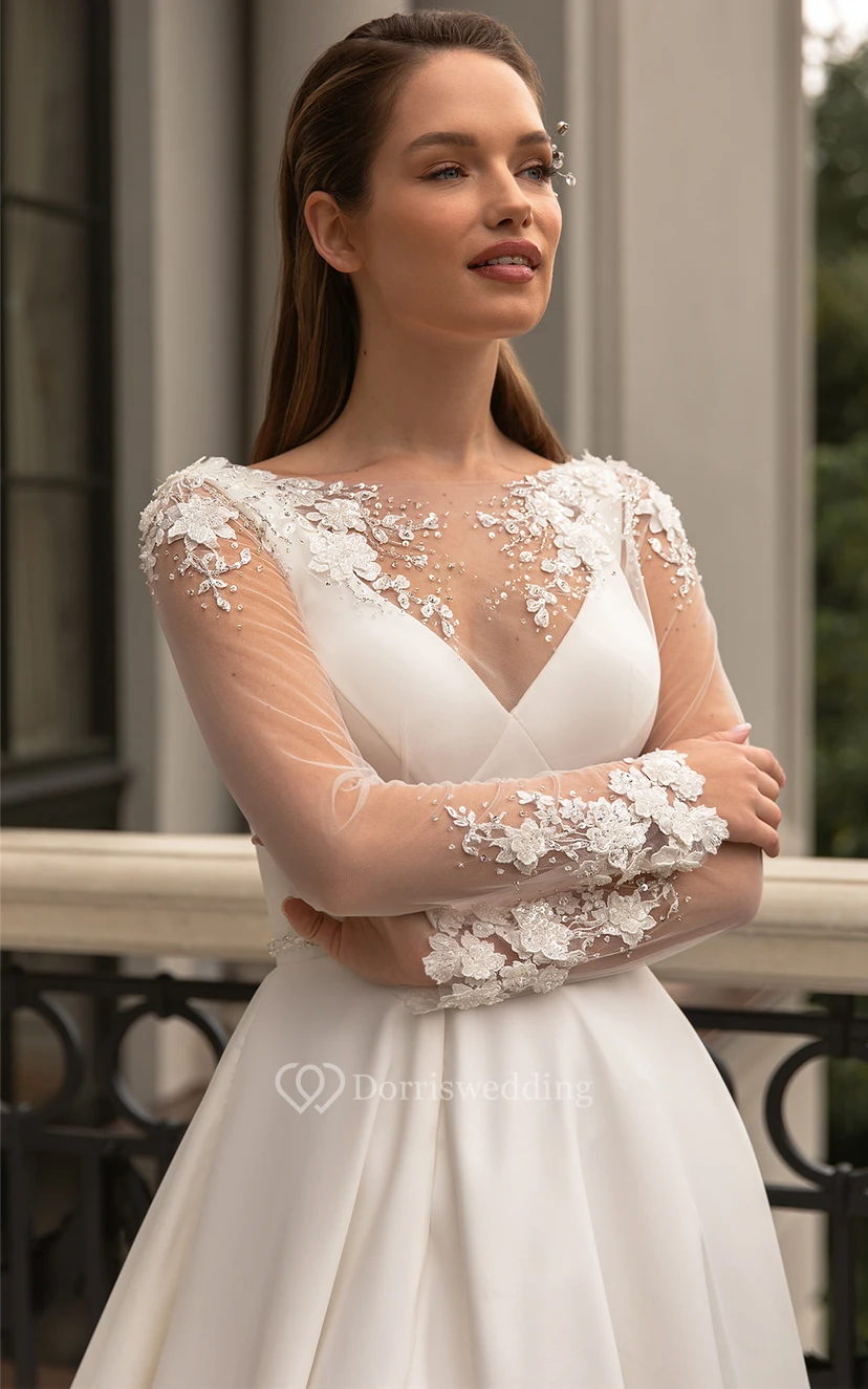 Hochwertiges A-Linien-Brautkleid aus Satin mit V-Ausschnitt, Kapellenschleppe, langen Ärmeln und Schlitz vorne view 4