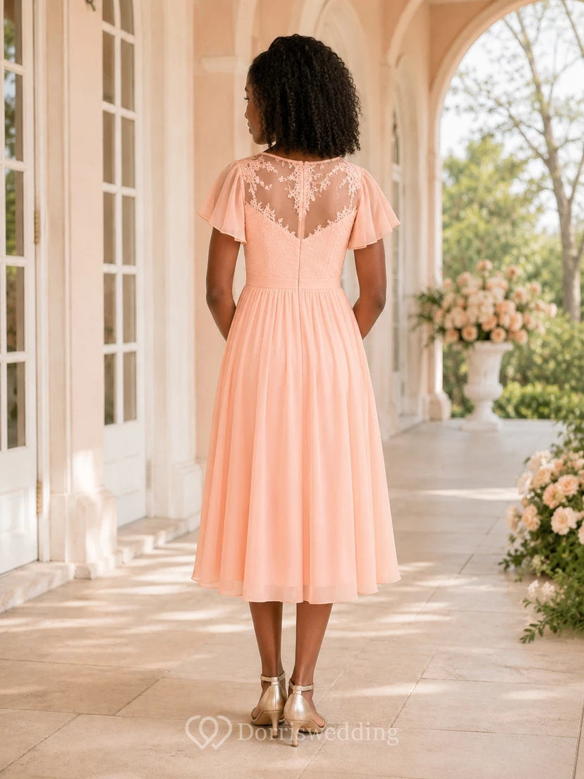 Blushing Pink Junior Bridesmaid Dress A-Line Tea-Length V-Neck Short Sleeve Flutter Detail Romantic view 2