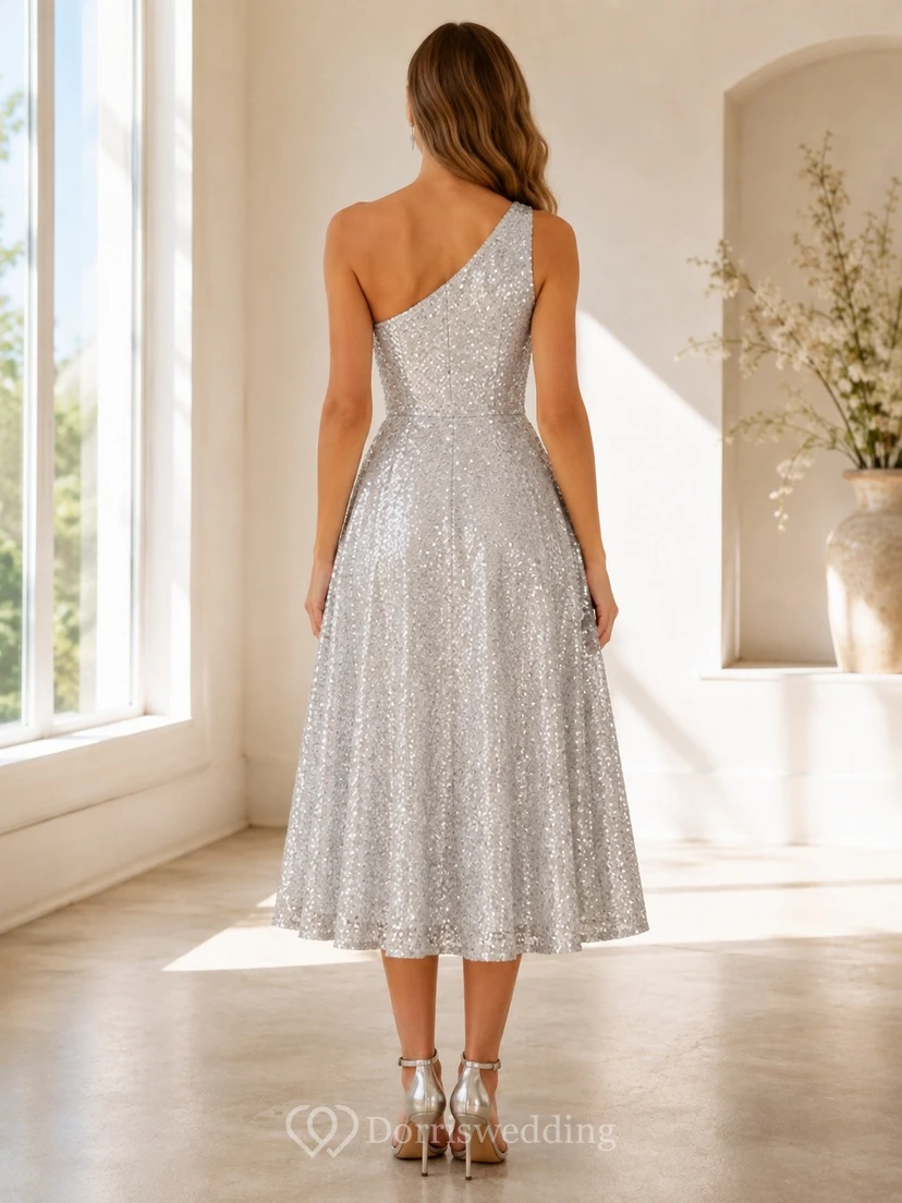 Silbernes Paillettenkleid mit One-Shoulder-Ausschnitt, Falten und A-Linien-Schnitt in Teelänge view 2