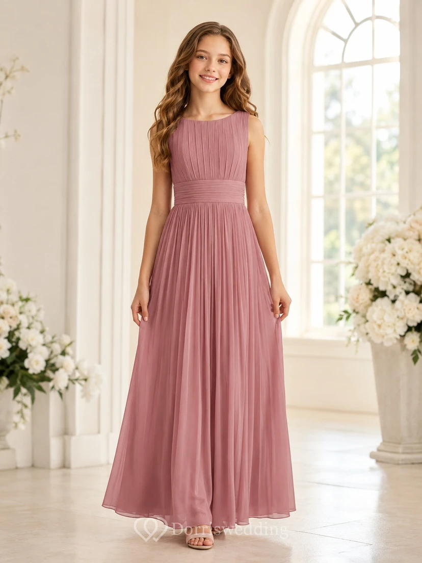 Vestido de dama de honor juvenil color rosa empolvado, corte en A, cuadrado, sin mangas, plisado, sencillo.