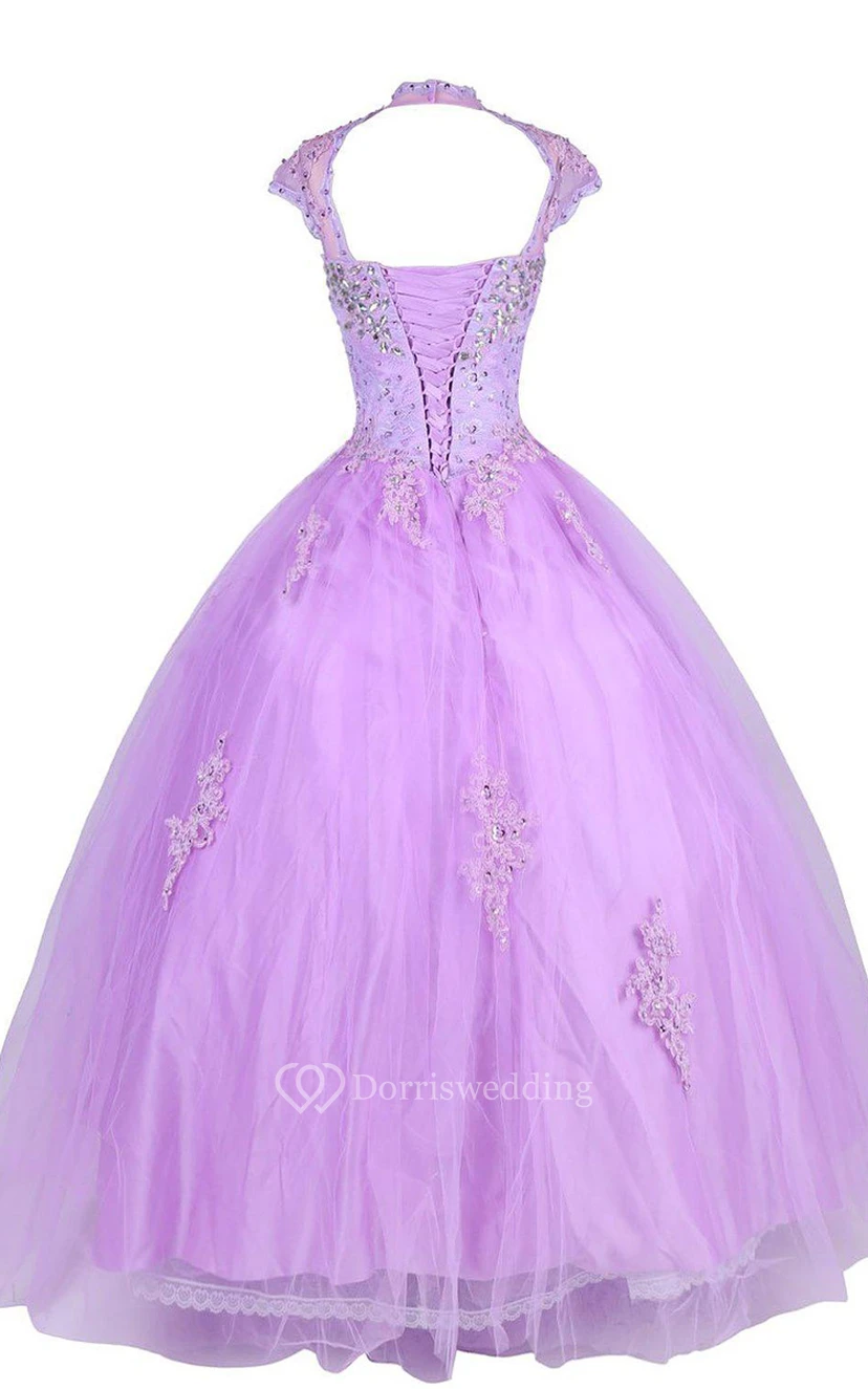 Cap-sleeved A-line Ballgown With Beadings and Illusion view 3