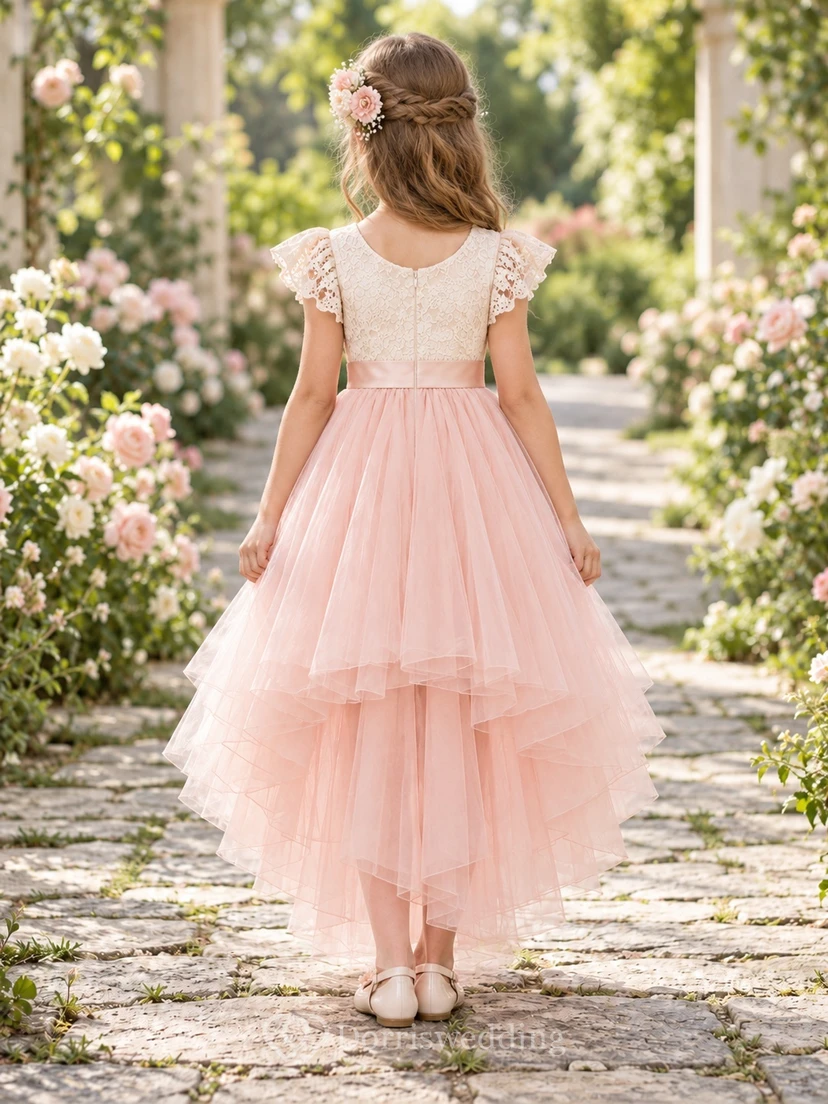 High-low Blushing Pink Lace Cap Sleeve Flower Girl Dress view 2