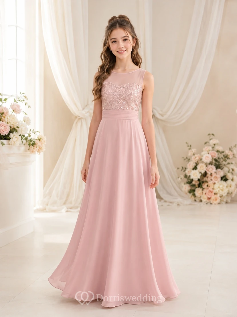 Vestido de dama de honor juvenil rosa ruborizado, corte en A, sin mangas, con detalles de encaje y lentejuelas, elegante.