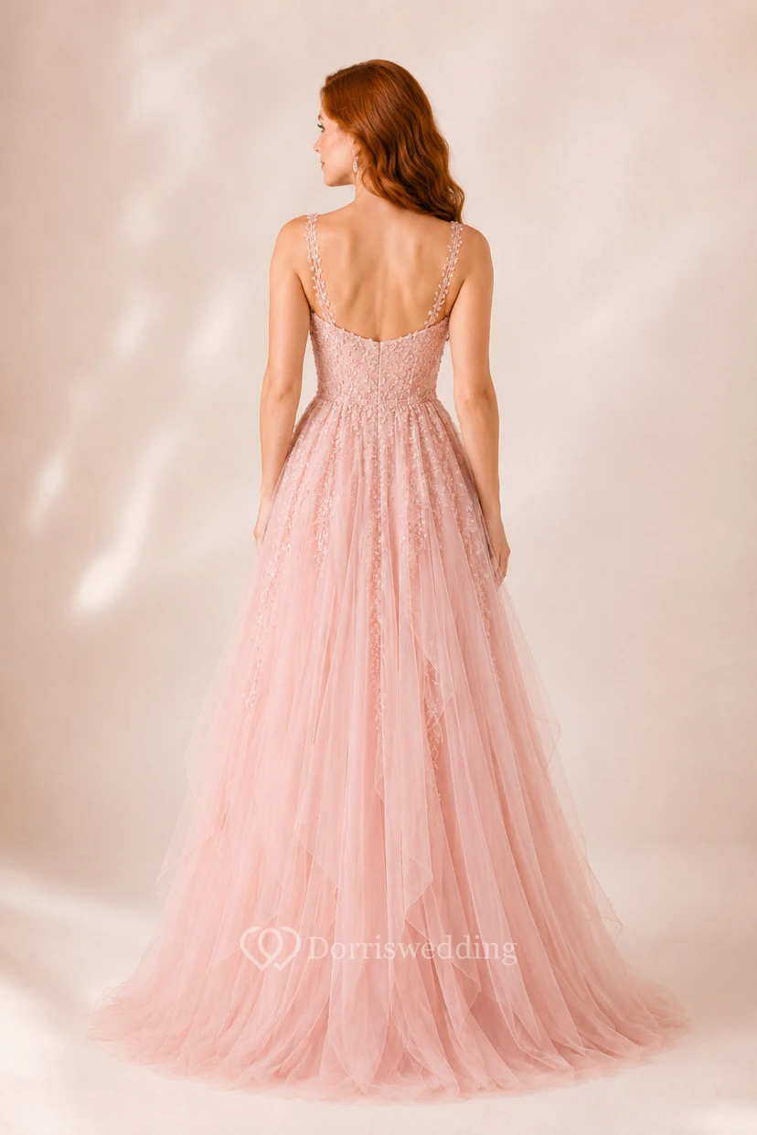 Ballkleid aus rosafarbener Spitze und Tüll, A-Linie, V-Ausschnitt, ärmellos, bodenlang view 2